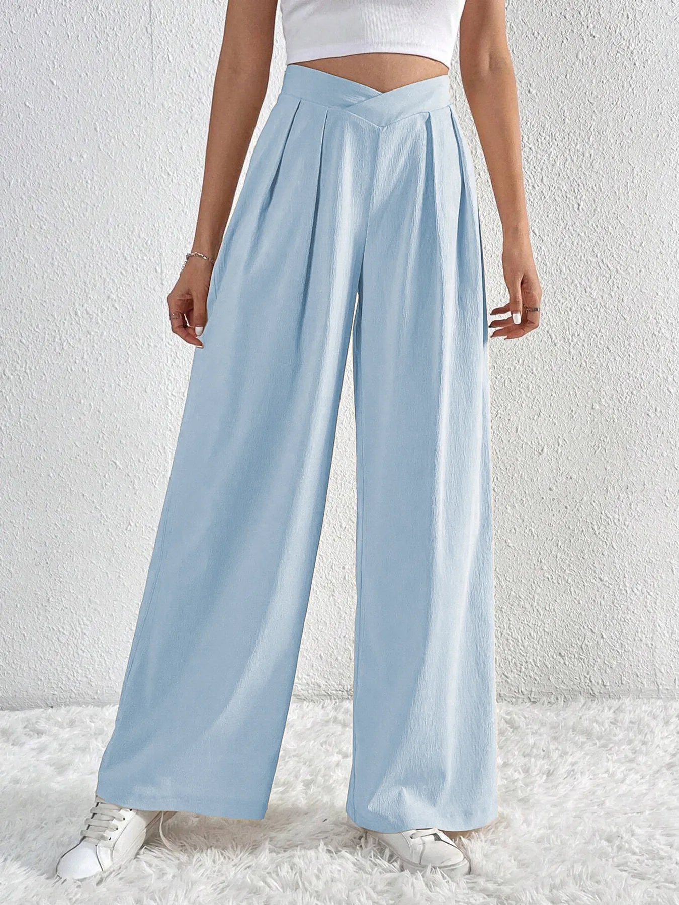 Trendsi light blue Ruched Pants with wide legs and a stylish pleated design