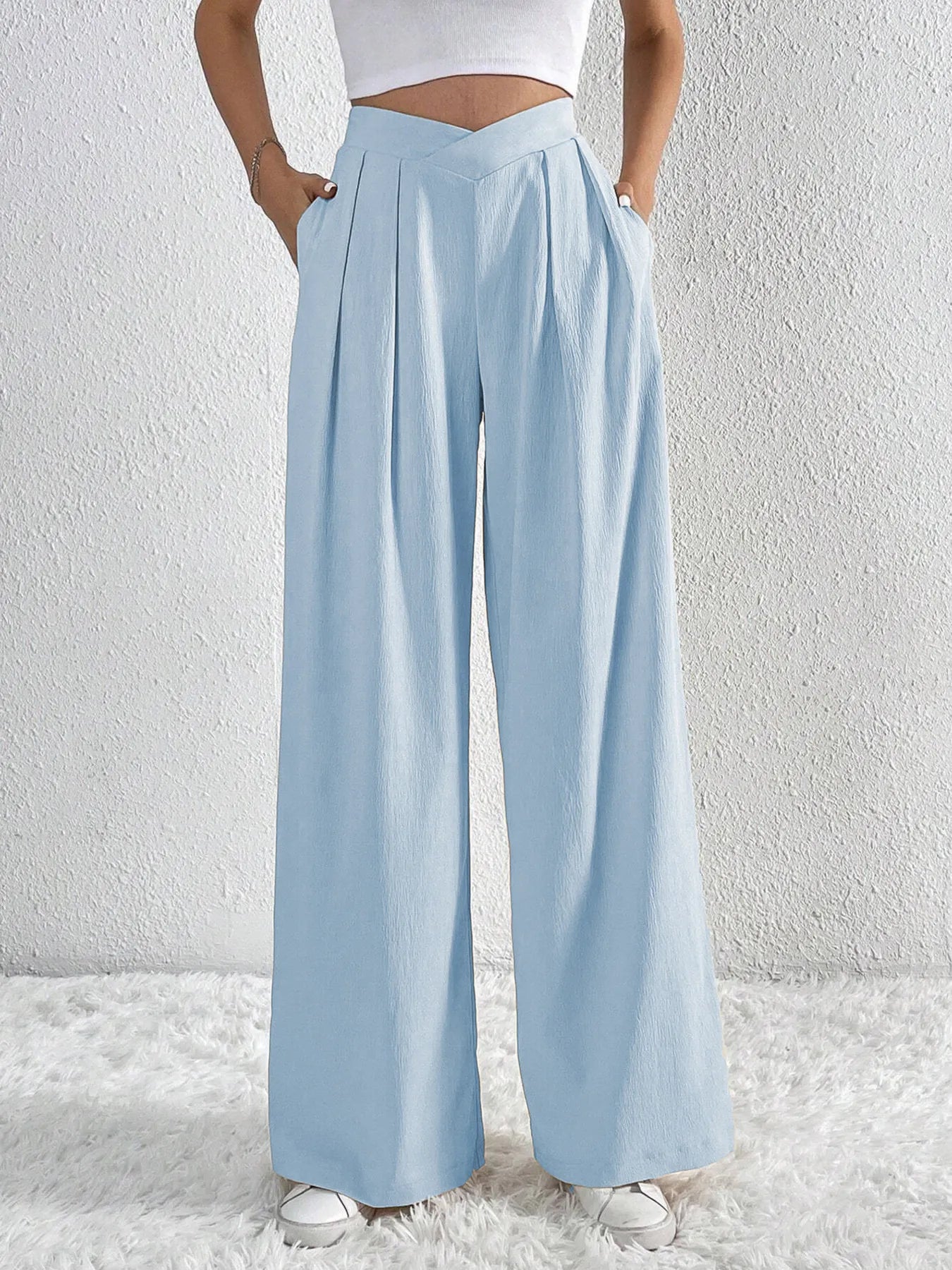 Light Blue Ruched Pants with Wide Leg Design and Pleated Front for a Stylish Look