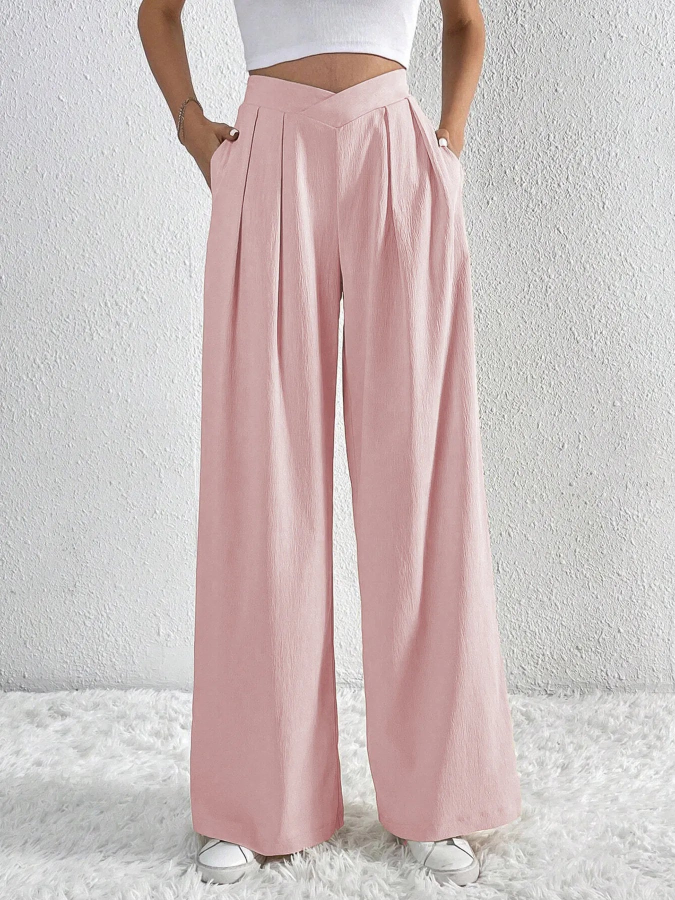 Trendsi Ruched Pants in Pink with Wide Leg Design and Pleated Front for a Stylish Look