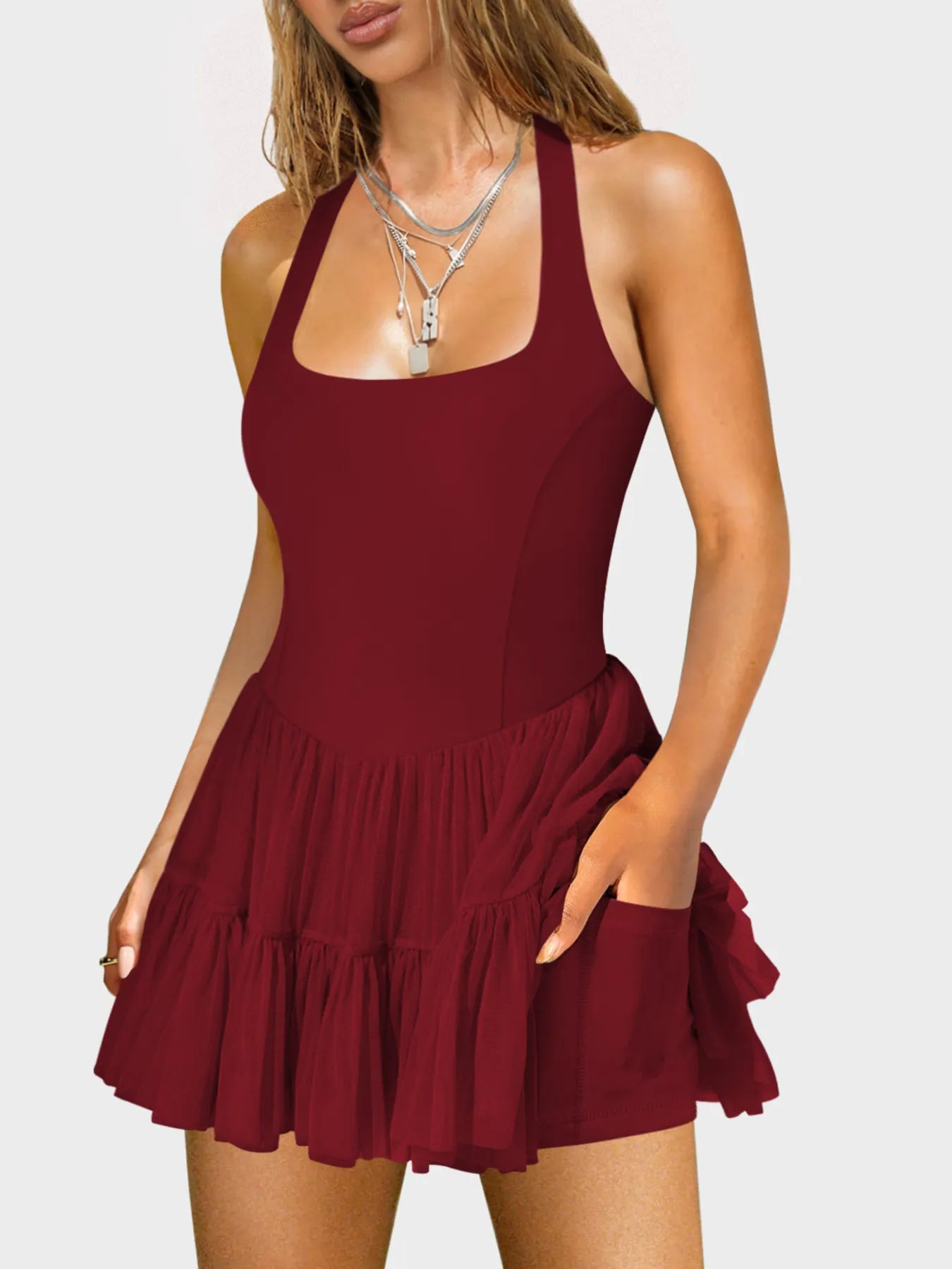 Trendsi Ruffle Swim Dress in Burgundy with Adjustable Straps and Stylish Pockets