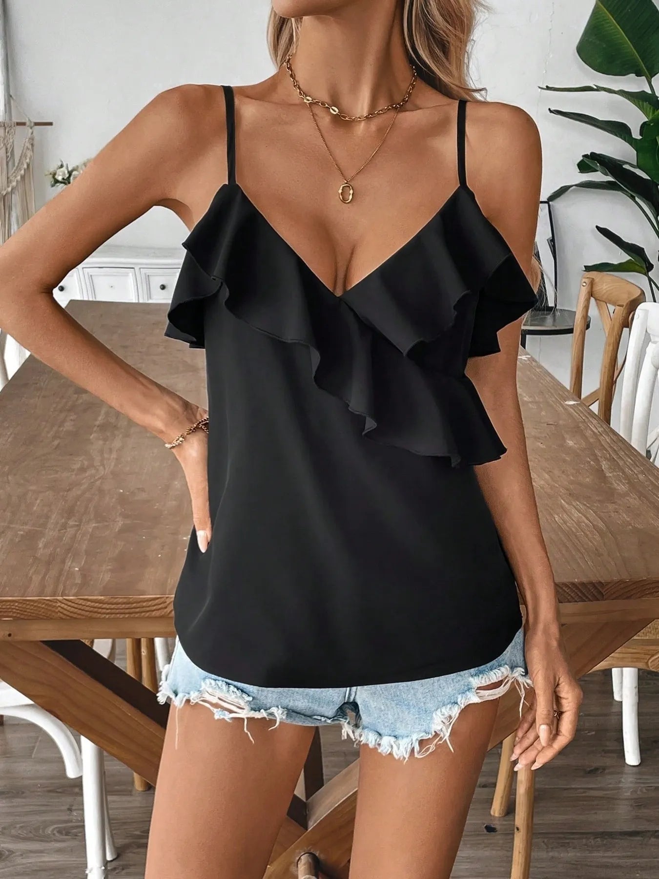 Trendsi Ruffled Surplice Cami in Black with Flattering Ruffles Perfect for Summer Outings