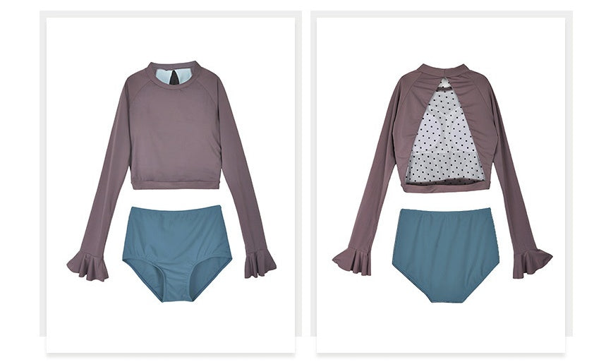 Trendsi Bikini Swim Set with mauve long sleeve rash guard and teal high waist bottoms with ruffle cuffs and polka dot lining
