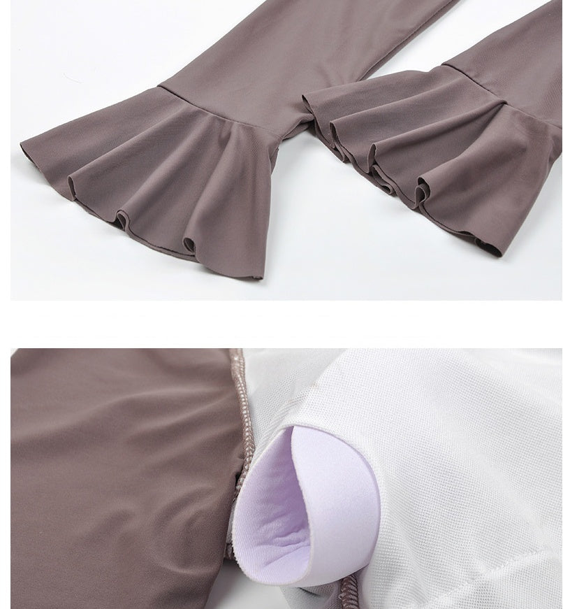 Trendsi Bikini Swim Set close up of mauve ruffled sleeve hem and removable padded cup with white mesh lining