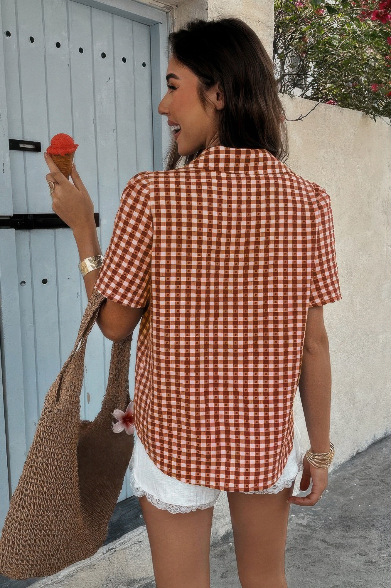 CCWHOLESALECLOTHING women’s plaid button down shirt short sleeve brown gingham back view with straw bag
