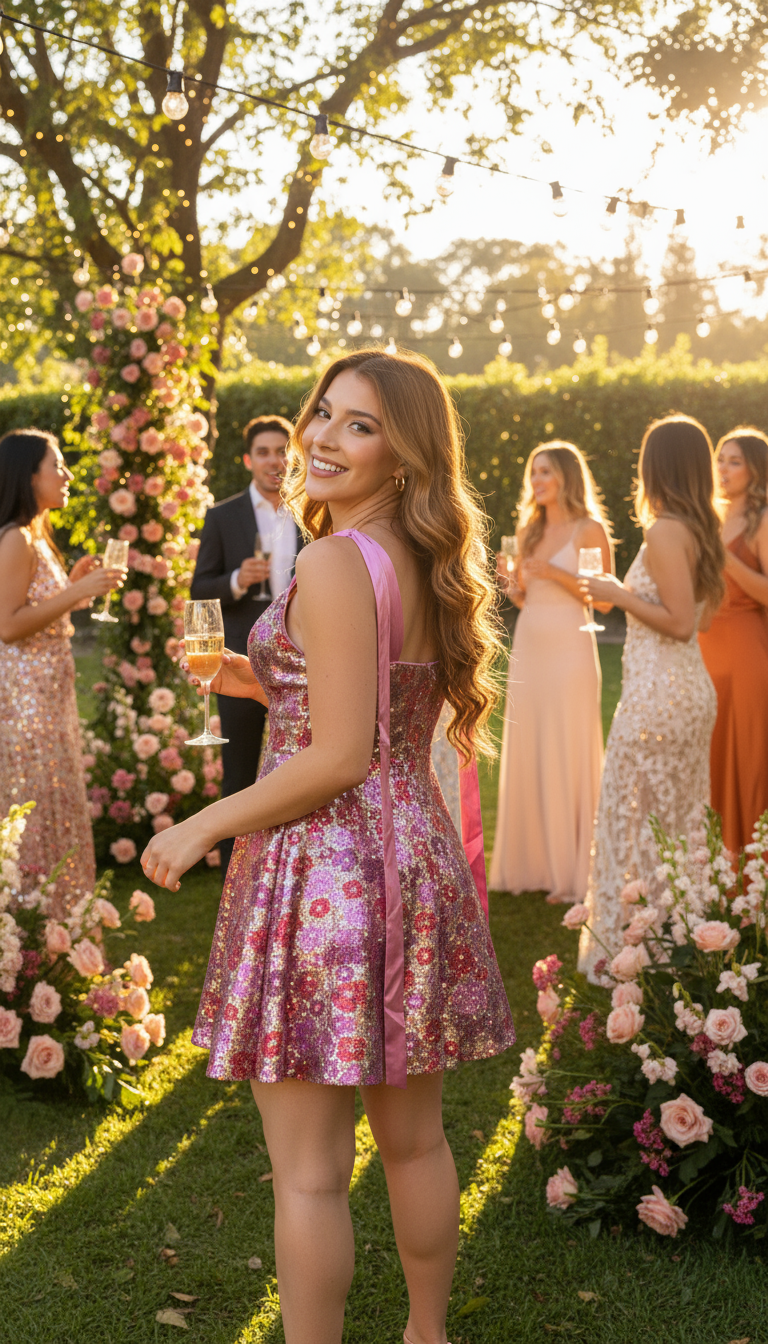 Sequin Floral Mini Dress - Back View with Shoulder Ties