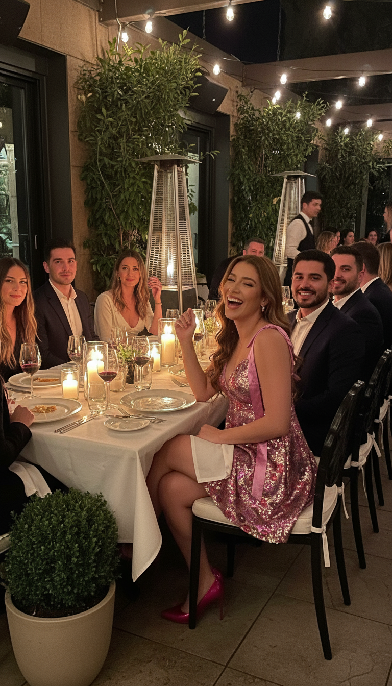 Sequin Floral Mini Dress - Restaurant Patio Lifestyle