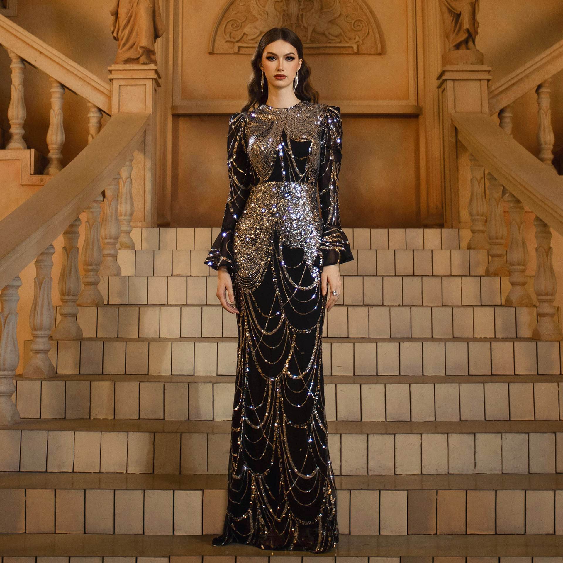 Stunning black Sequined Fishtail Wedding Dress with long sleeves and elegant detailing