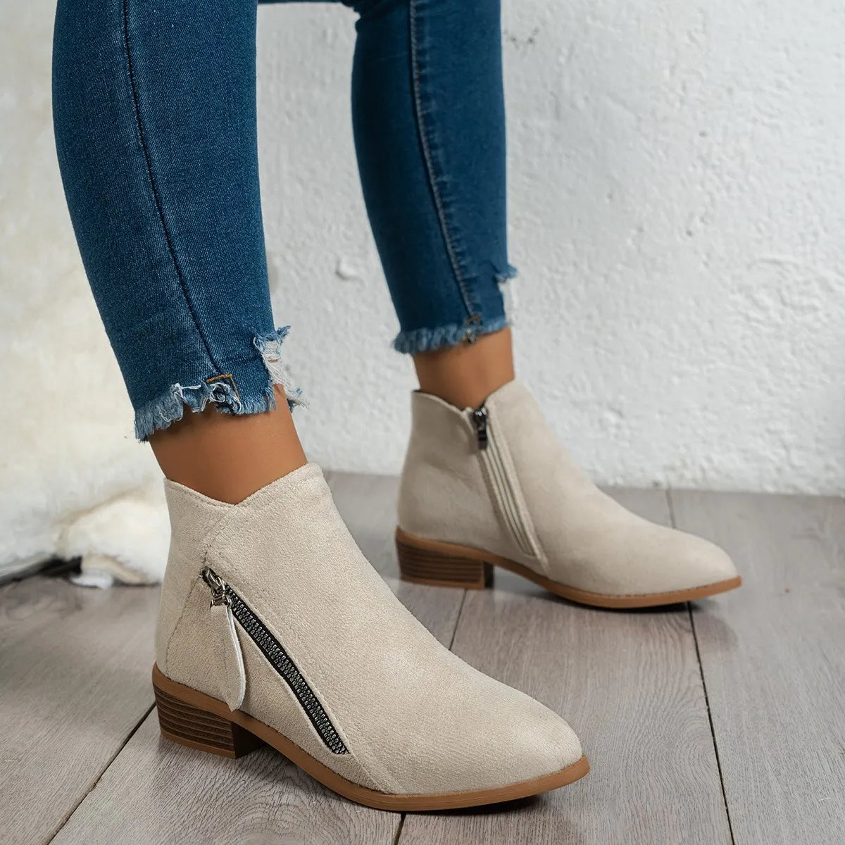 Trendsi beige suede women's side zip ankle boots with tassel zipper and low stacked heel