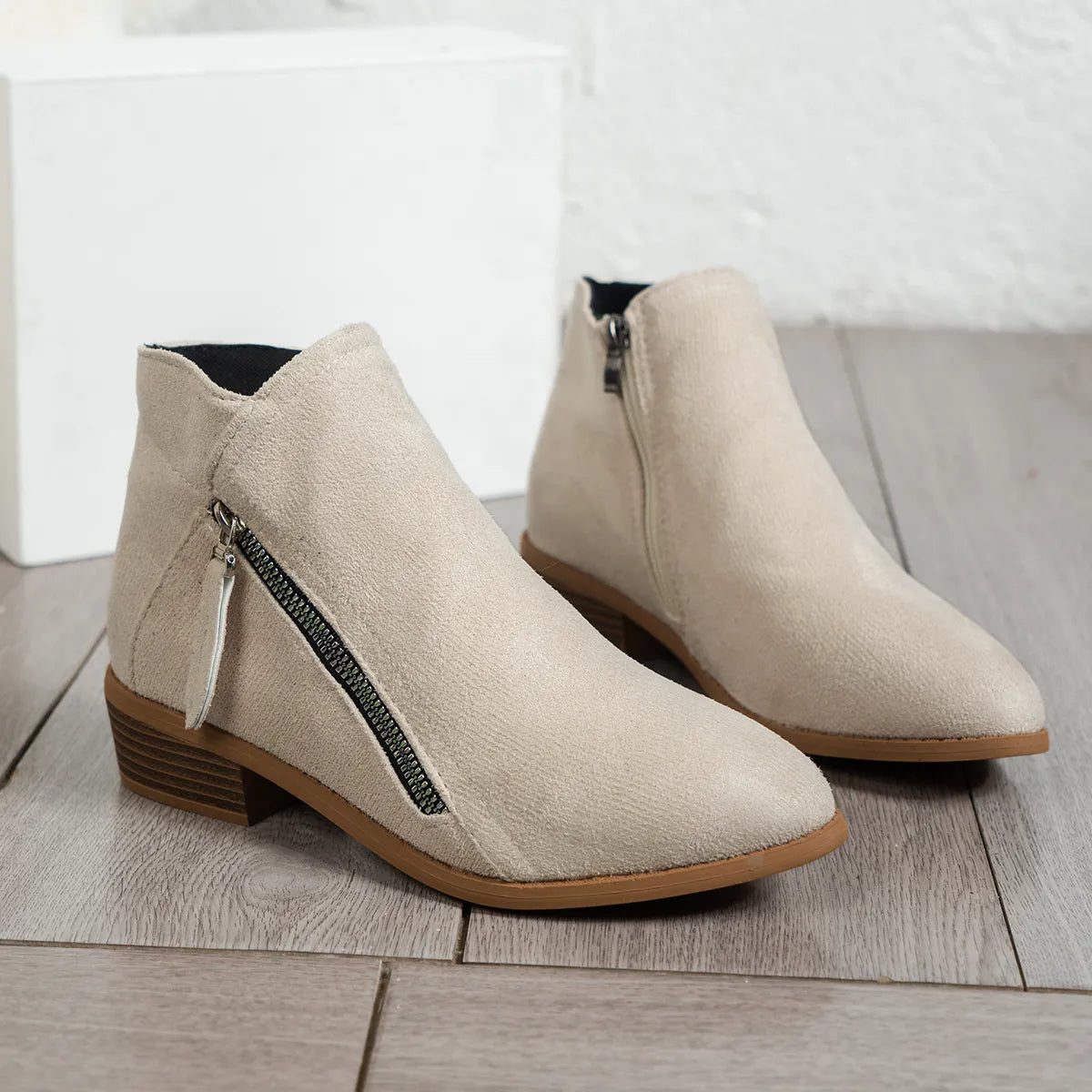 Trendsi beige suede women's side zip ankle boots with low stacked heel and round toe