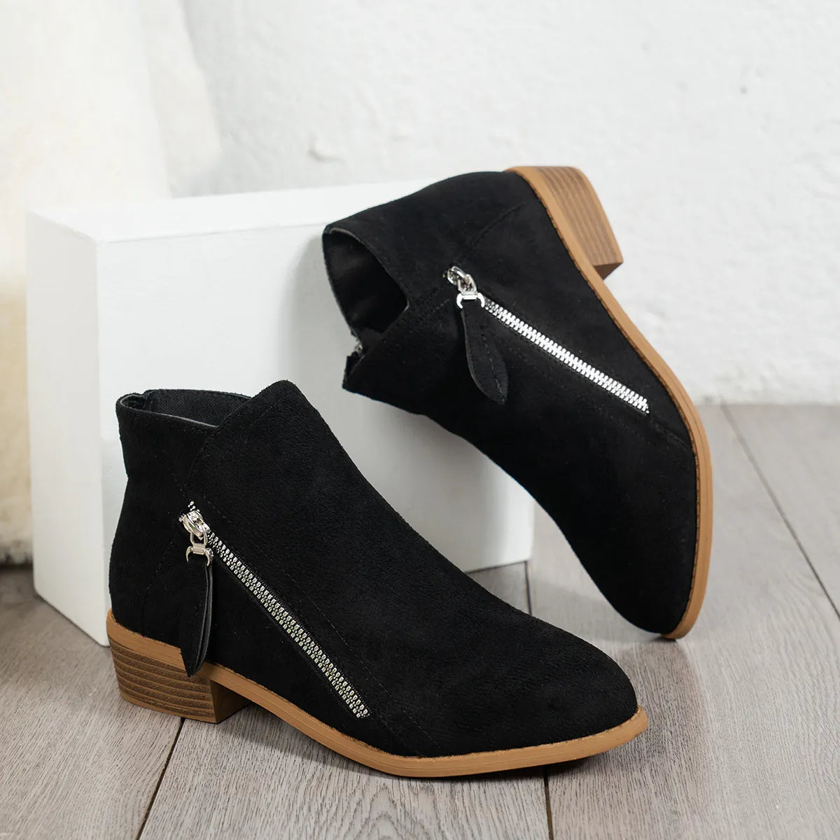 Trendsi black suede women's side zip ankle boots with low stacked heel and decorative zipper pull