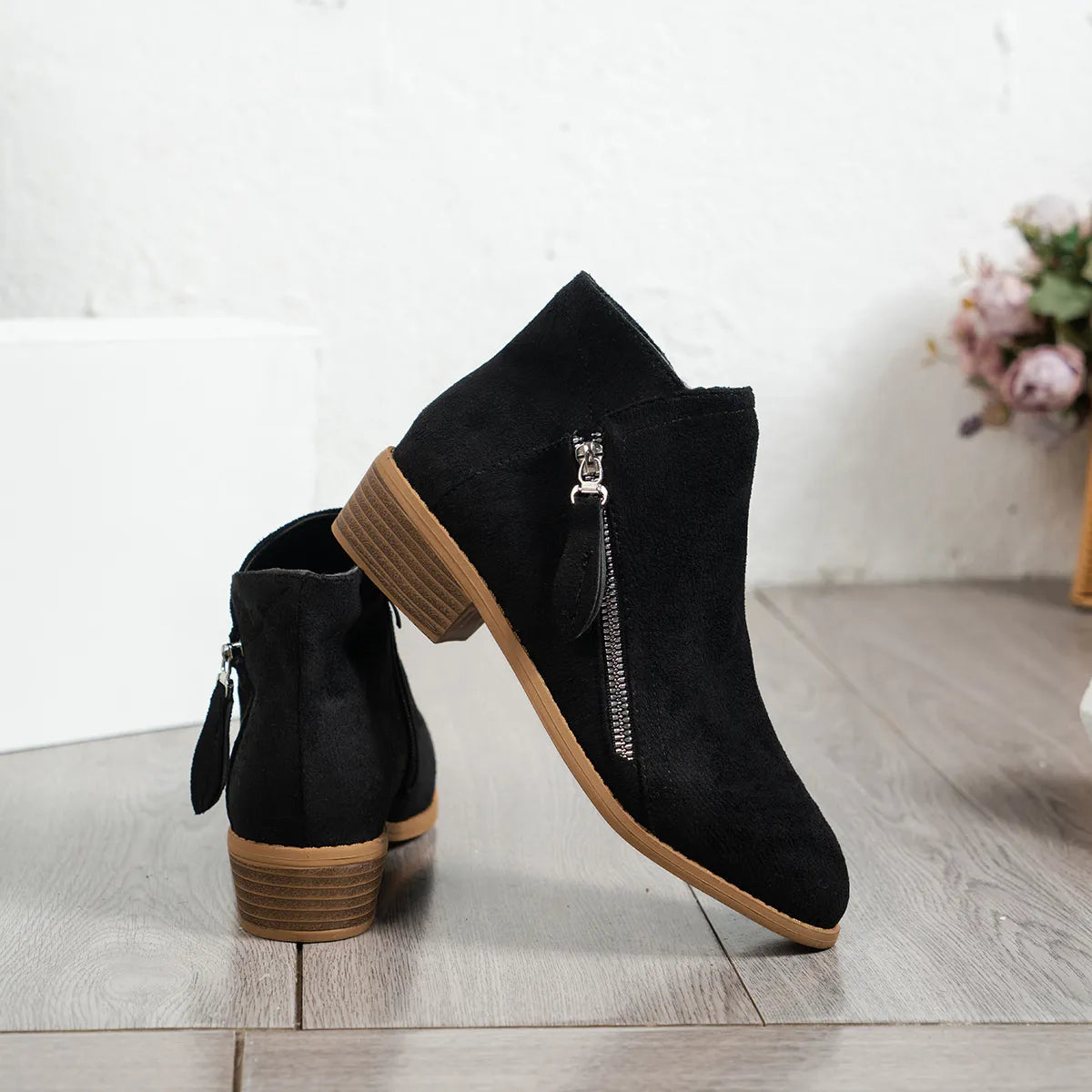 Trendsi black suede women's side zip ankle boots with stacked wood heel and silver tassel zipper