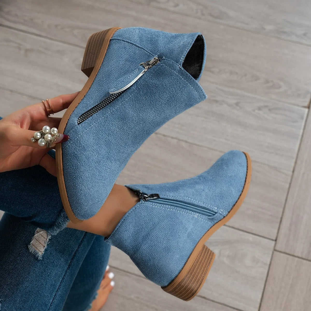 Trendsi women's side zip ankle boots blue suede low stacked heel casual everyday styling