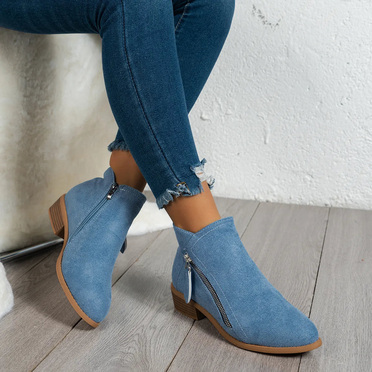 Trendsi light blue suede women's side zip ankle boots with stacked heel and frayed jeans