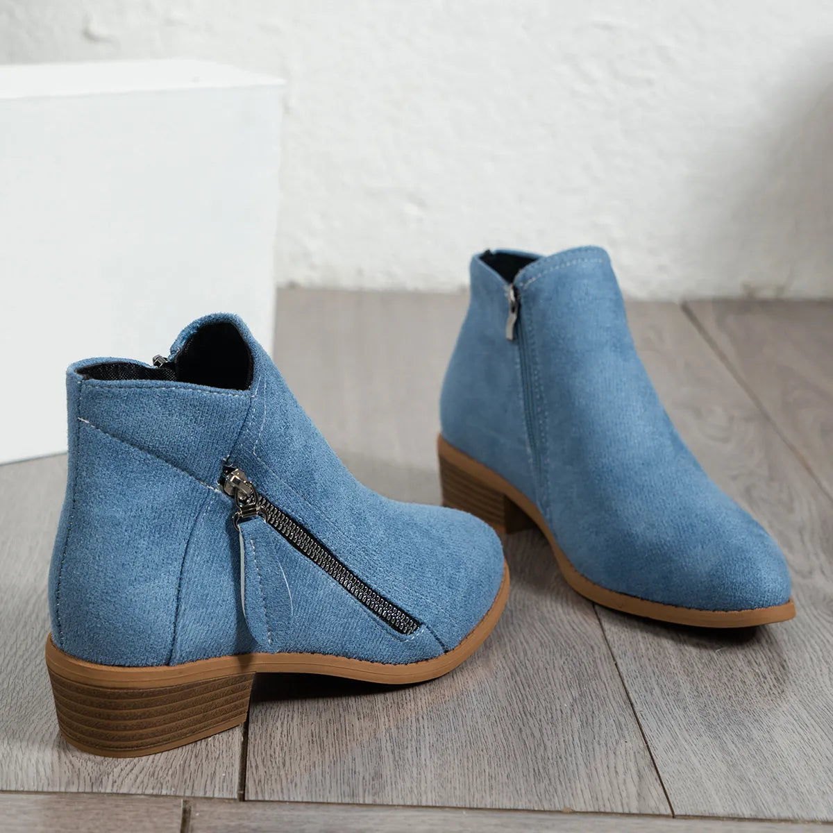 Trendsi blue suede women's side zip ankle boots with low stacked heel and side zipper detail