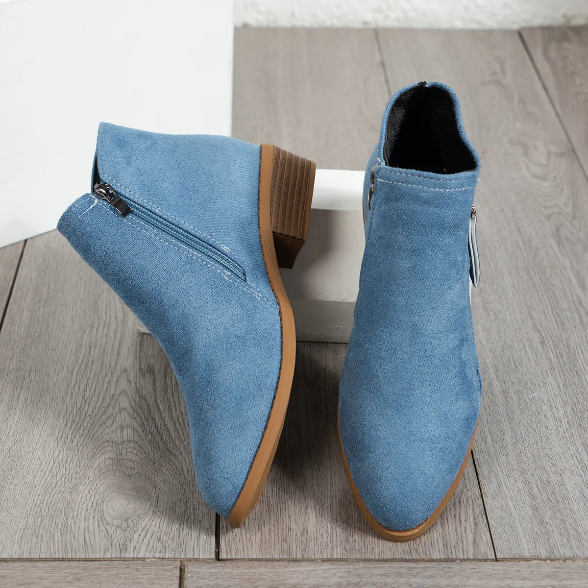 Trendsi blue suede women's side zip ankle boots with low stacked heel and tan sole