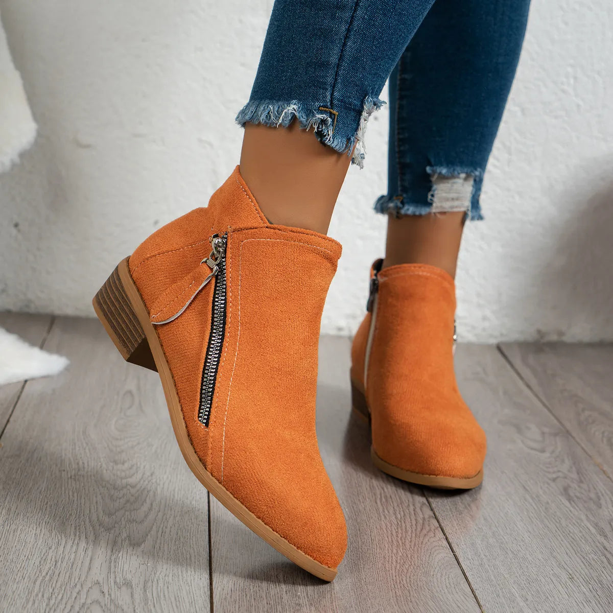 Trendsi orange suede women's side zip ankle boots with low stacked heel and silver zipper