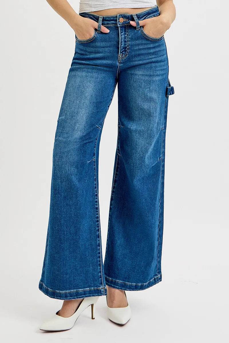 RISEN Full Size High Rise Wide Leg Patch Detailed Jeans - Fashions Envy