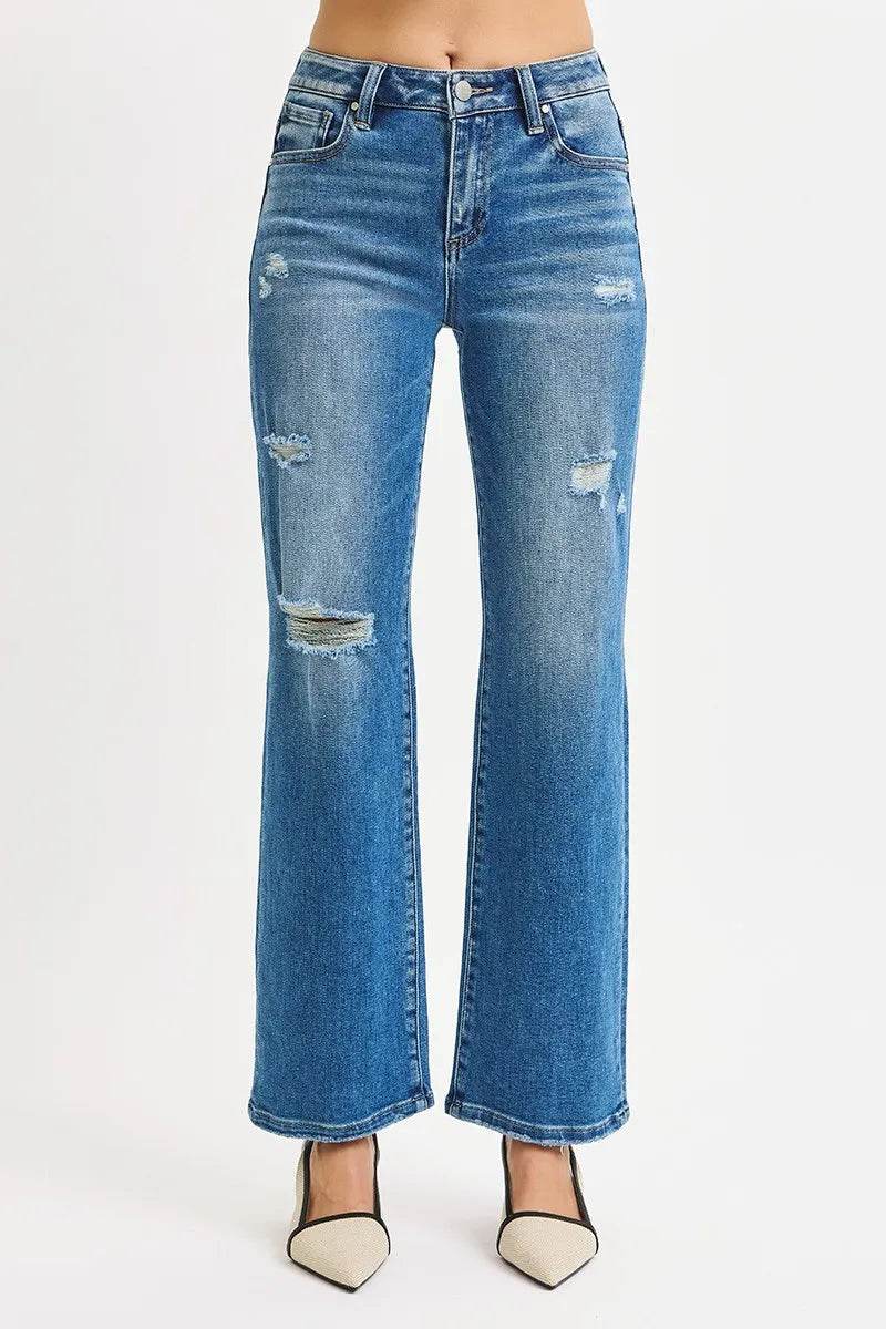 RISEN Full Size High Rise Ankle Straight Front Body Distressed Jeans - Fashions Envy