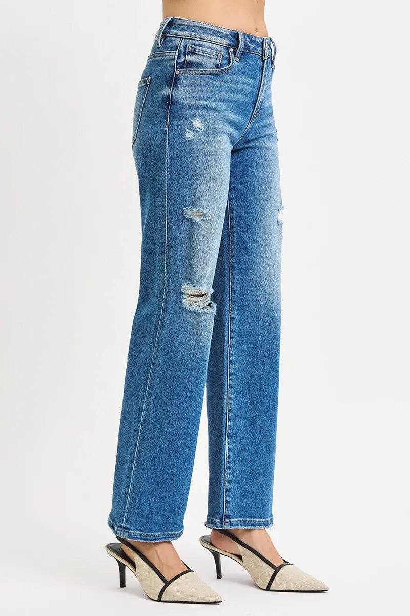 RISEN Full Size High Rise Ankle Straight Front Body Distressed Jeans - Fashions Envy