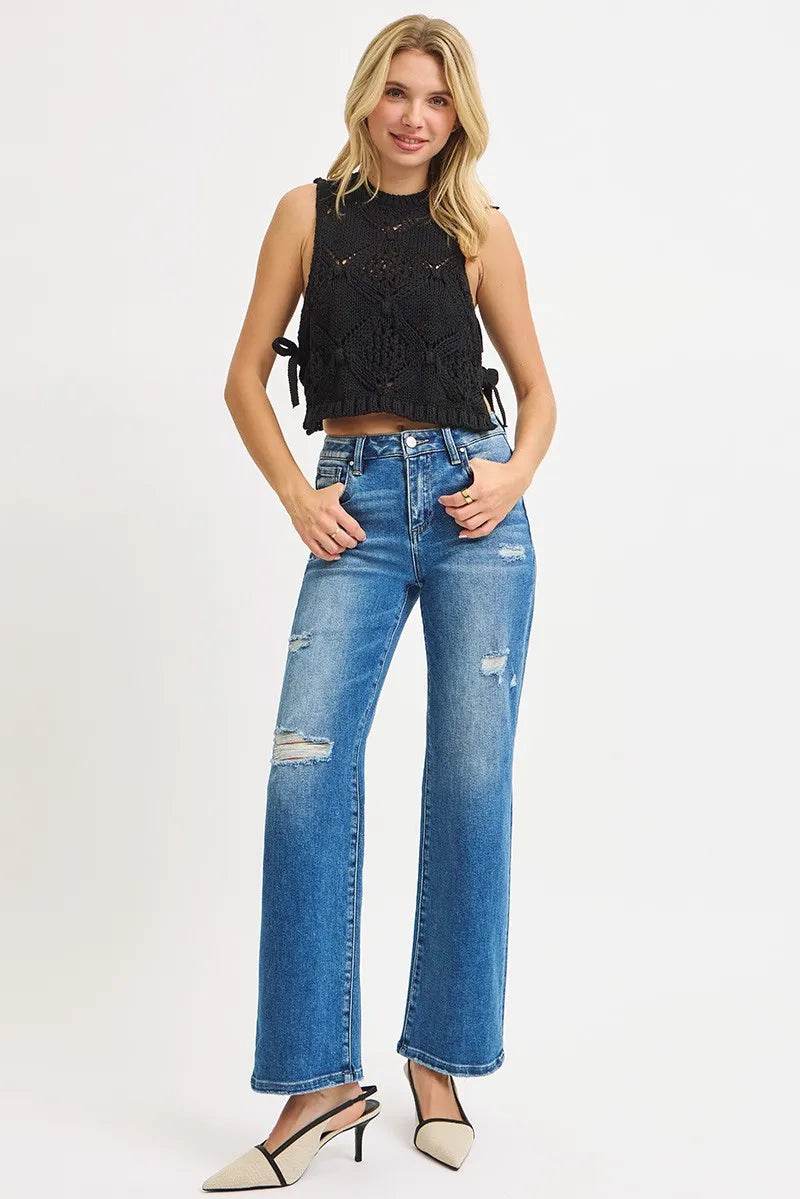 RISEN Full Size High Rise Ankle Straight Front Body Distressed Jeans - Fashions Envy