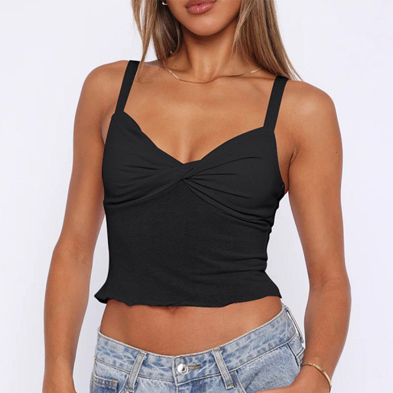 Trendsi black Y2K V-neck camisole top cropped twist front with wide straps lettuce hem styled with denim jeans