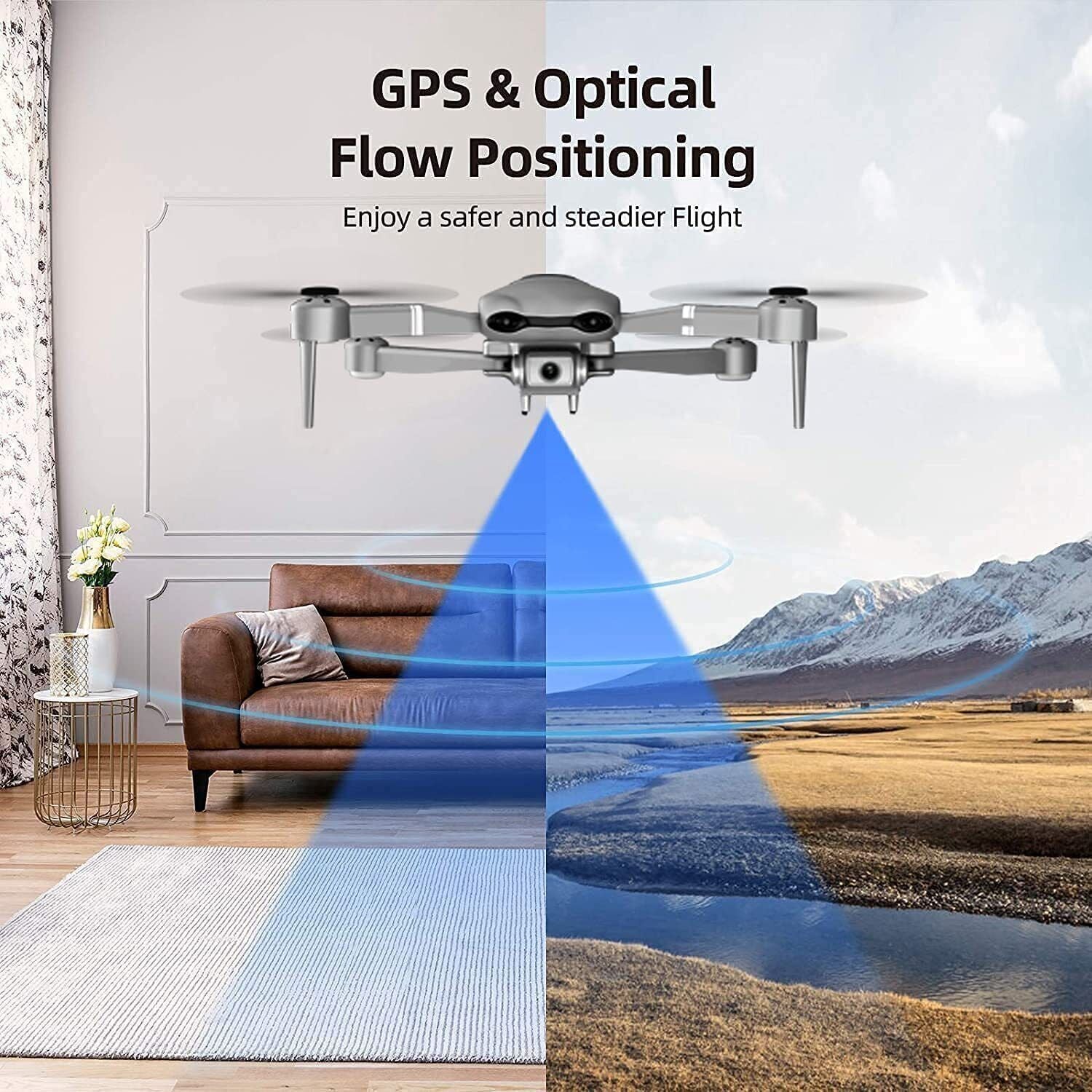 Trendsi 4K camera drone with GPS hovering between living room and landscape showing optical flow