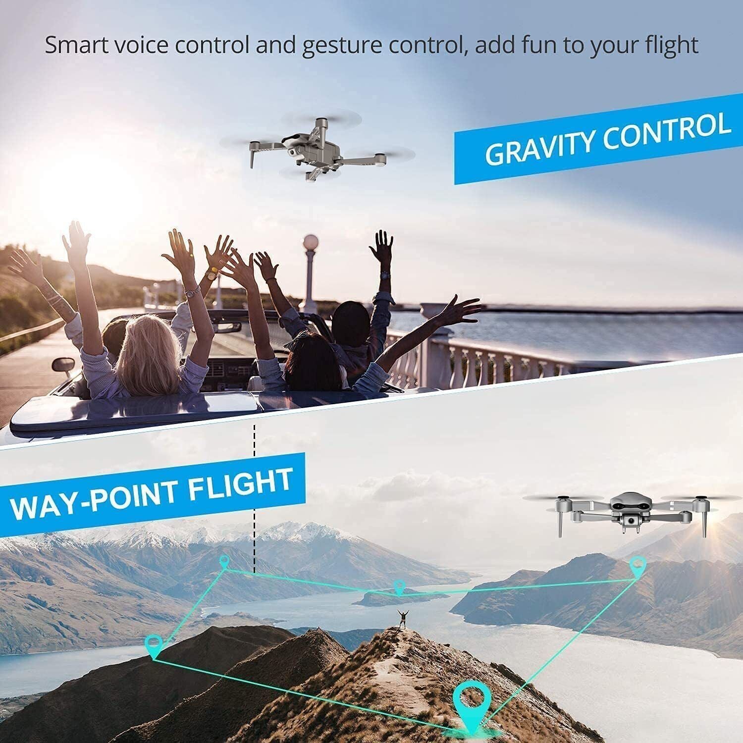 Trendsi 4K camera drone with GPS hovering above a convertible of friends and waypoint flight map over mountains