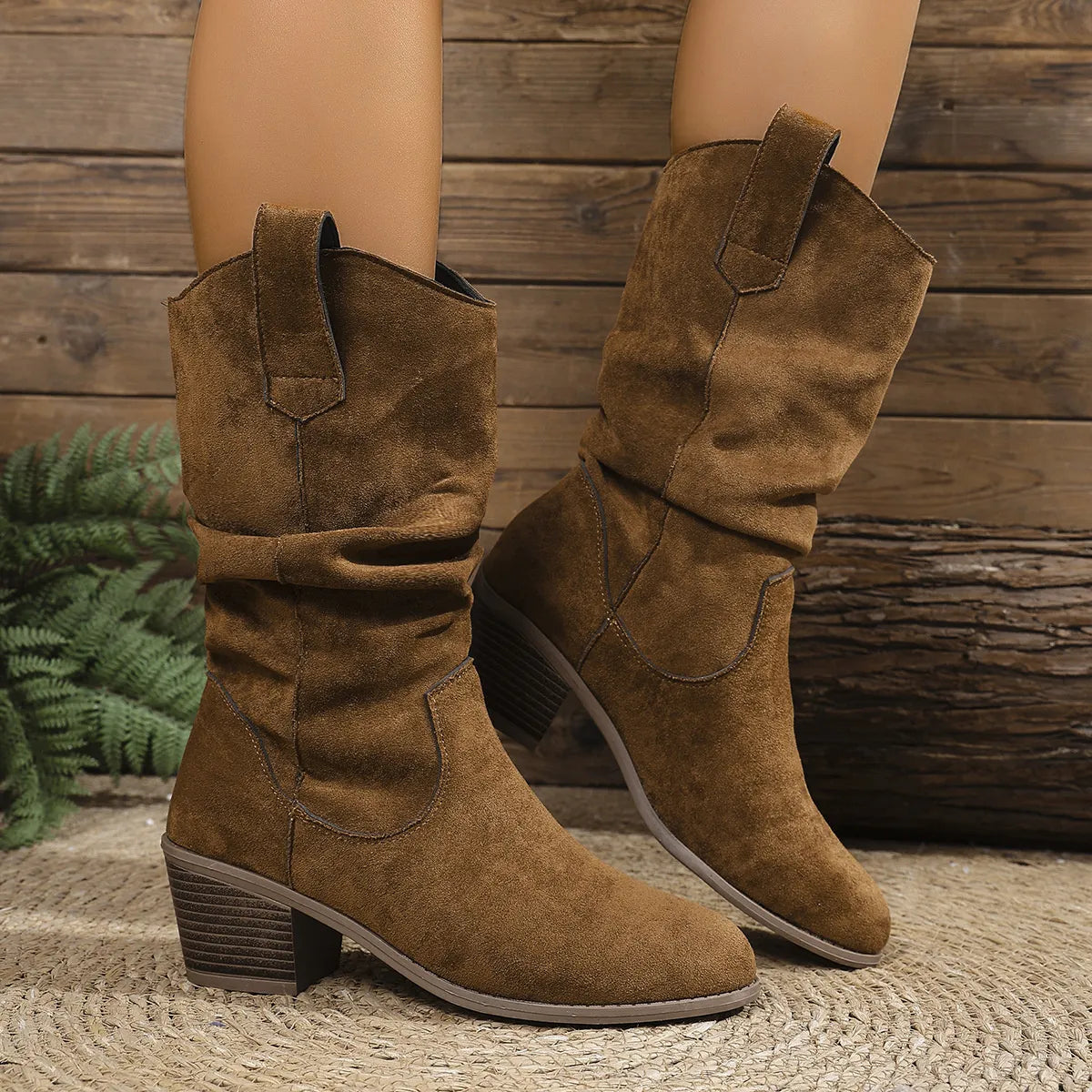 Trendsi Suede Slouch Boots in brown mid calf western style with stacked heel and pull tabs