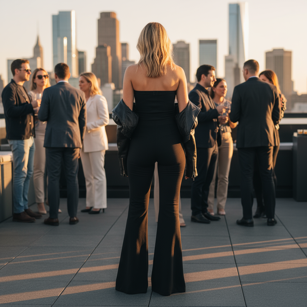 Solid black flare pants back view