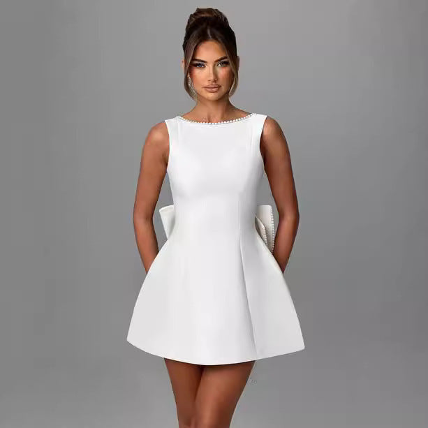 Elegant Solid Color Mini Dress in White with a Flared Silhouette and Sleeveless Design