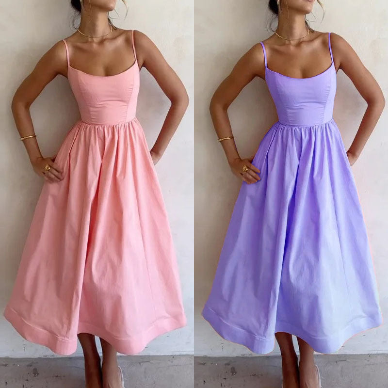 Trendsi solid color summer maxi dress in pink and lavender with spaghetti straps and fitted bodice