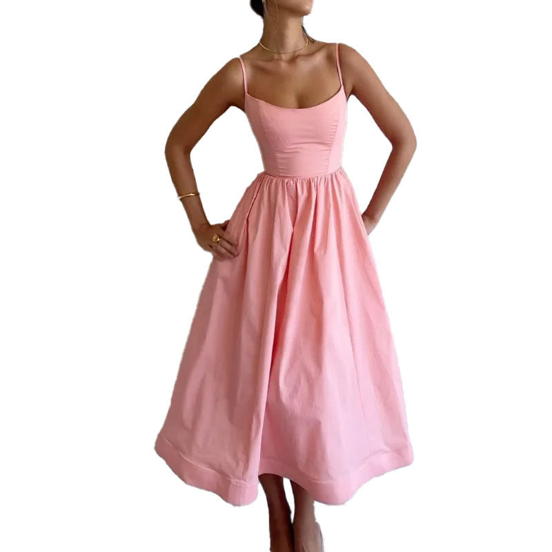 Trendsi pink solid color summer maxi dress with spaghetti straps and fitted bodice