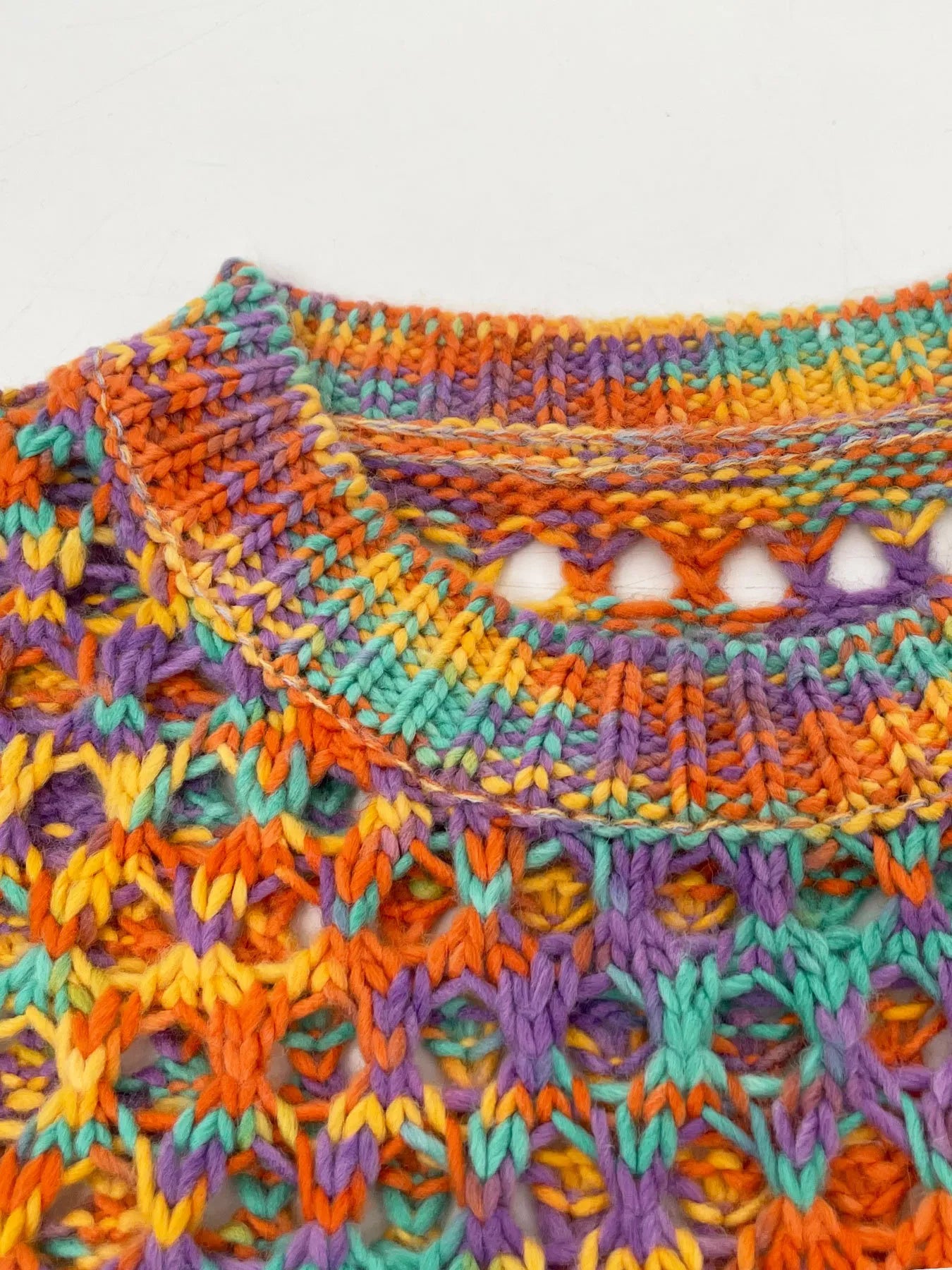 Trendsi Hollow Out Cropped Sweater multicolor knit close up showing neckline and openwork pattern