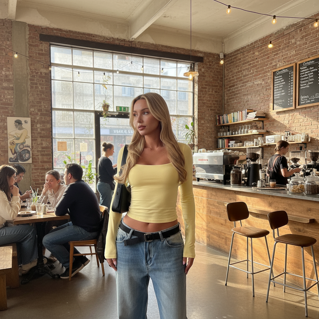 Square Neck Long Sleeve Crop Top - Yellow - Coffee Shop