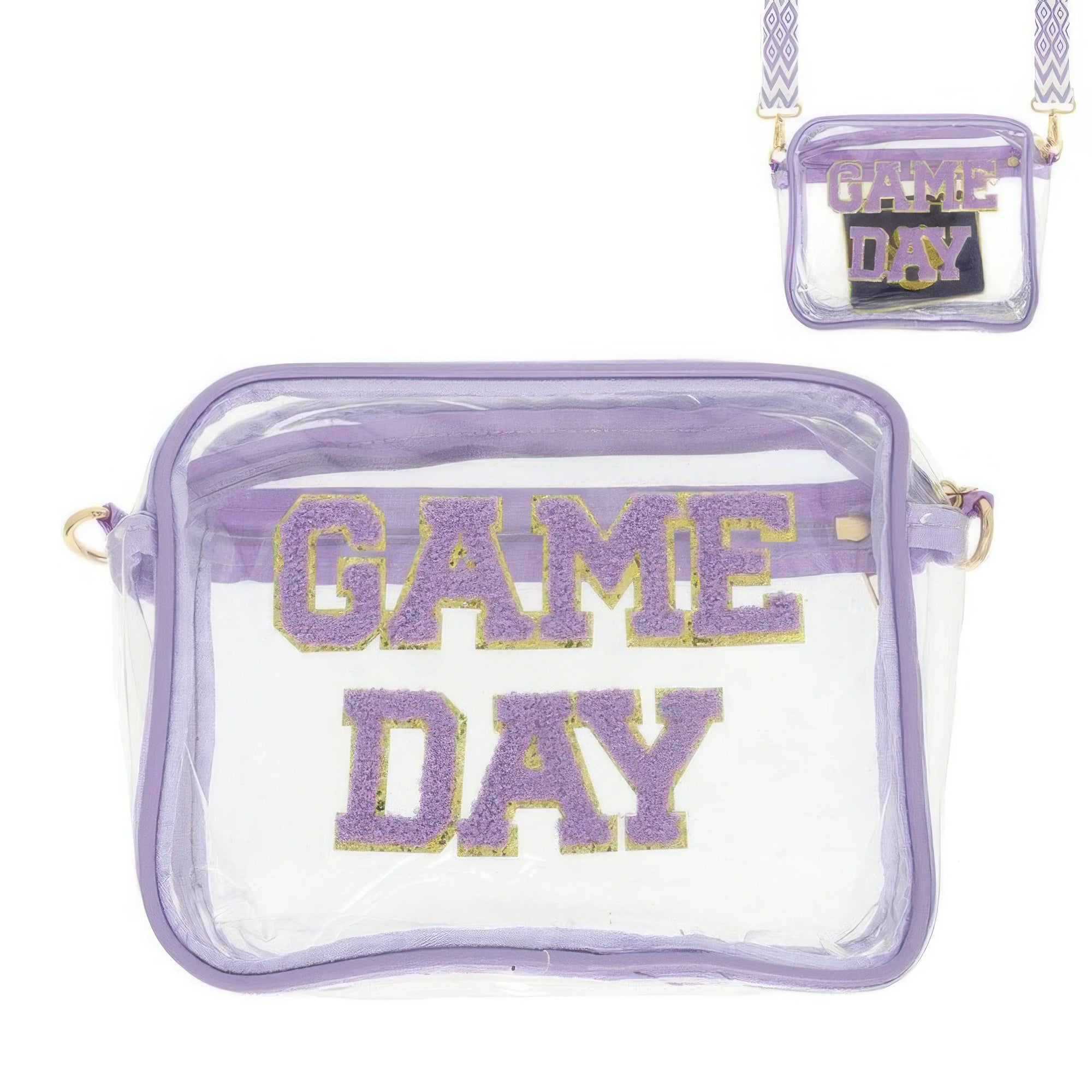 CCWHOLESALECLOTHING purple trimmed game day clear crossbody bag with chenille GAME DAY letters and chevron strap