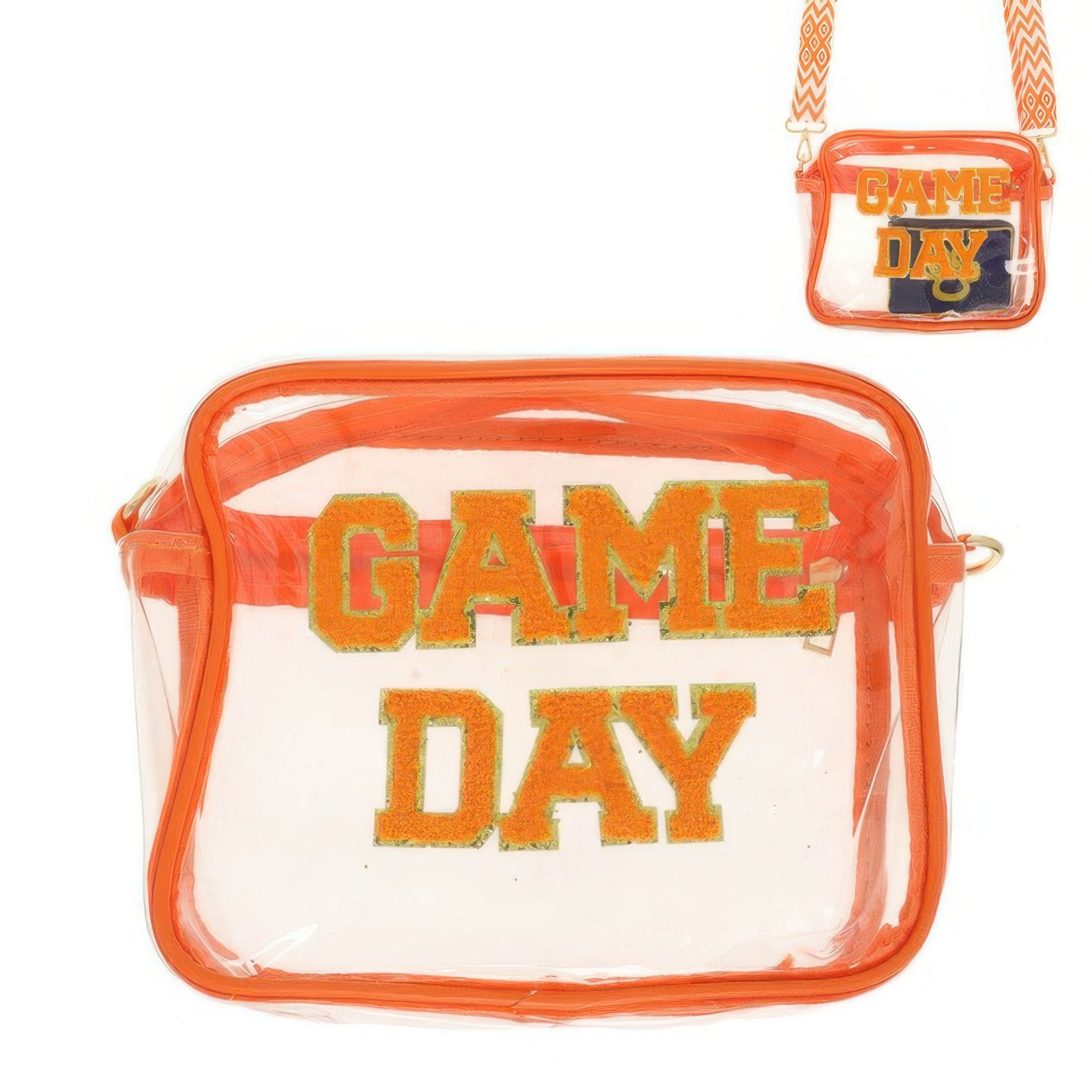 CCWHOLESALECLOTHING orange game day clear crossbody bag with glitter applique letters and chevron shoulder strap
