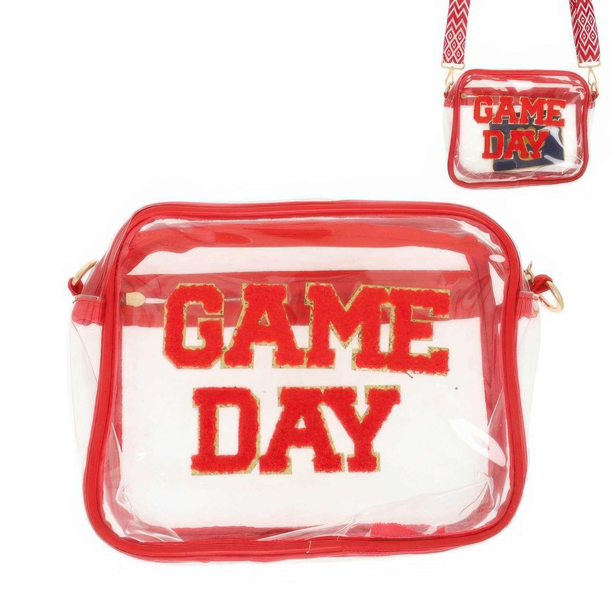 Red trimmed clear vinyl game day clear crossbody bag with bold GAME DAY patch and adjustable strap