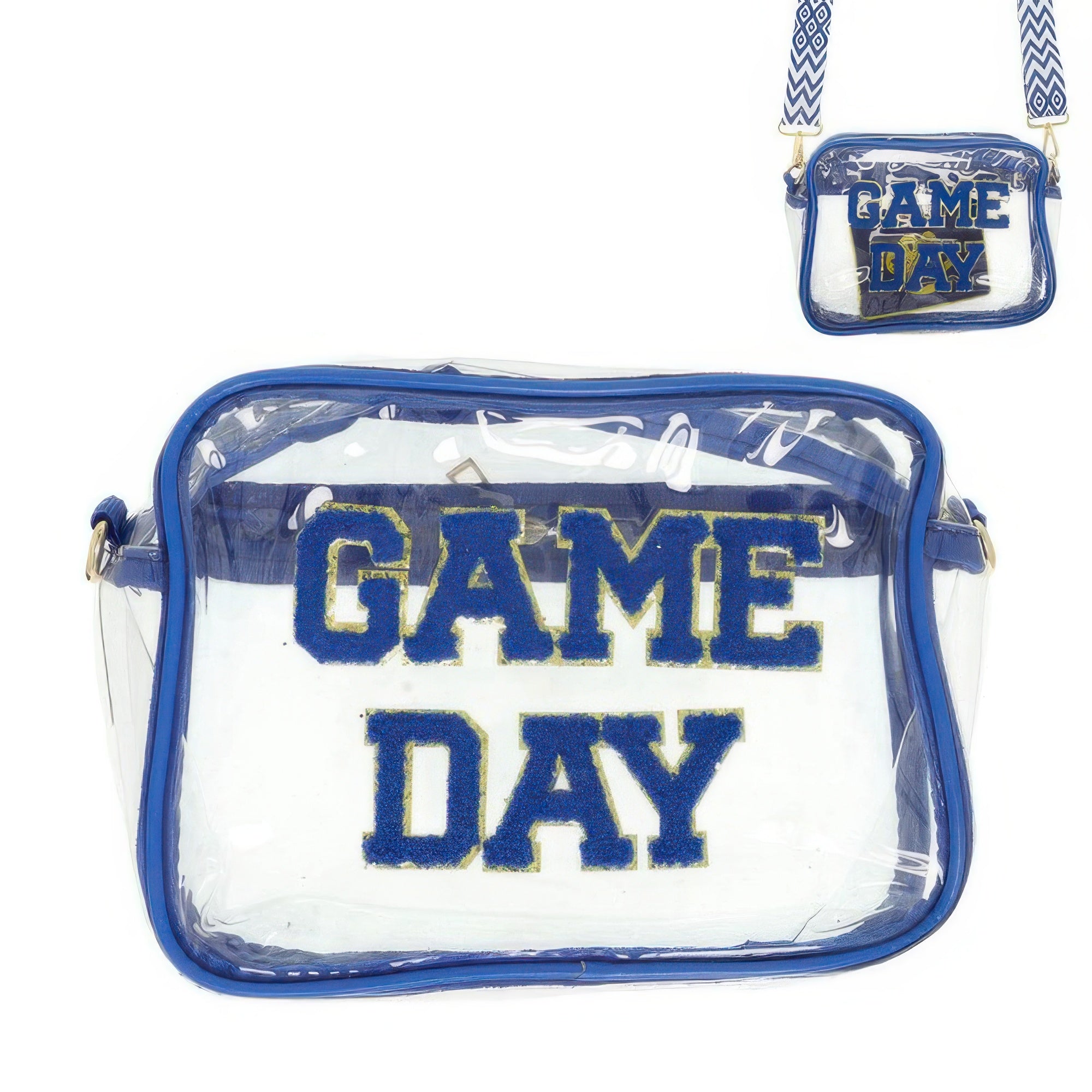 Blue trimmed game day clear crossbody bag with bold GAME DAY lettering and adjustable chevron strap