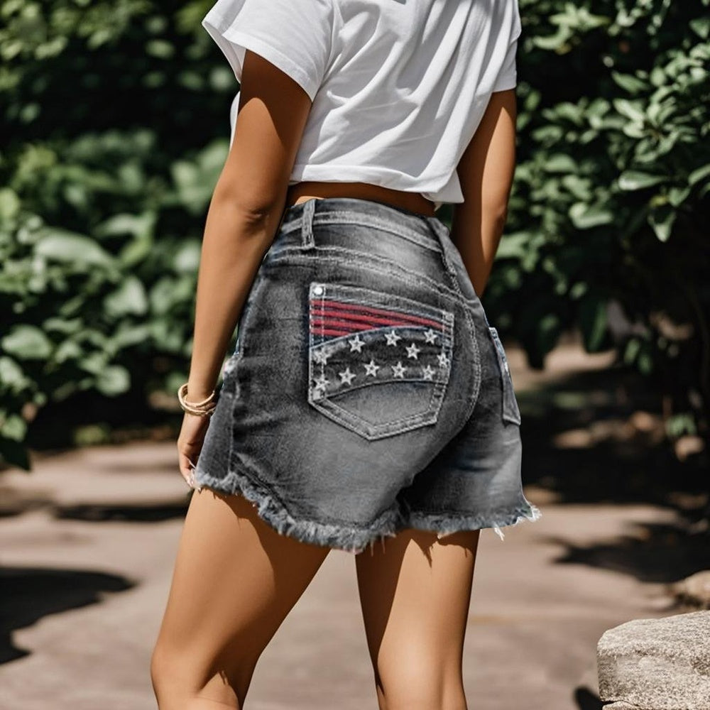 Trendsi distressed gray denim patriotic American flag shorts with frayed hem and back pocket flag detail