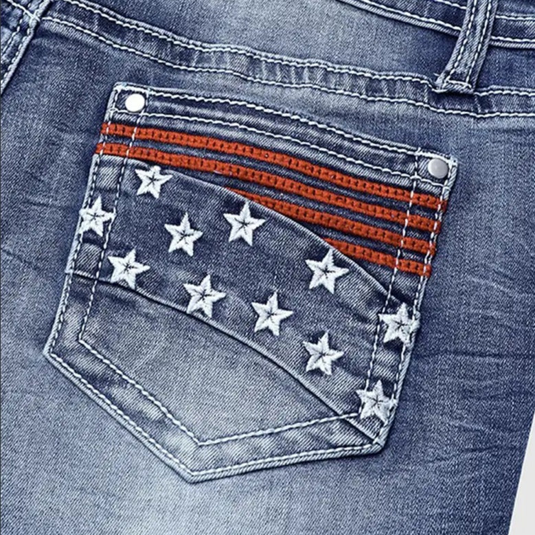 Trendsi denim back pocket with embroidered stars and red stripes on patriotic American flag shorts
