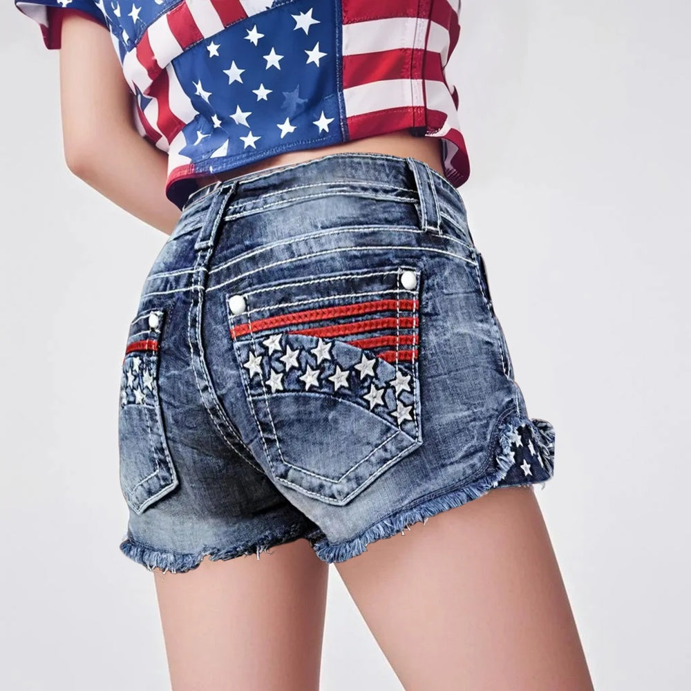 Trendsi high waisted distressed denim shorts with star stripe pocket detail patriotic American flag shorts for summer