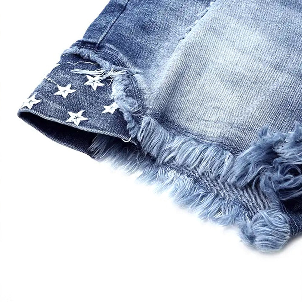 Trendsi light wash distressed denim patriotic American flag shorts with frayed hem and white star detail