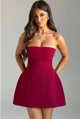 CJ Strapless A-Line Mini Dress in vibrant red, perfect for summer occasions and parties