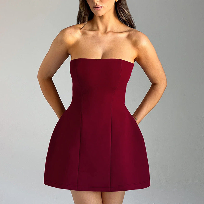 Elegant burgundy Strapless A-Line Mini Dress with a fitted bodice and flared skirt for a chic look