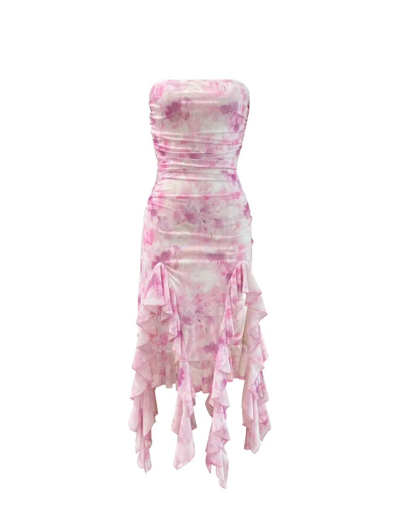 Trendsi Strapless Ruffle Midi Dress in pink and white with a stylish ruffled hemline