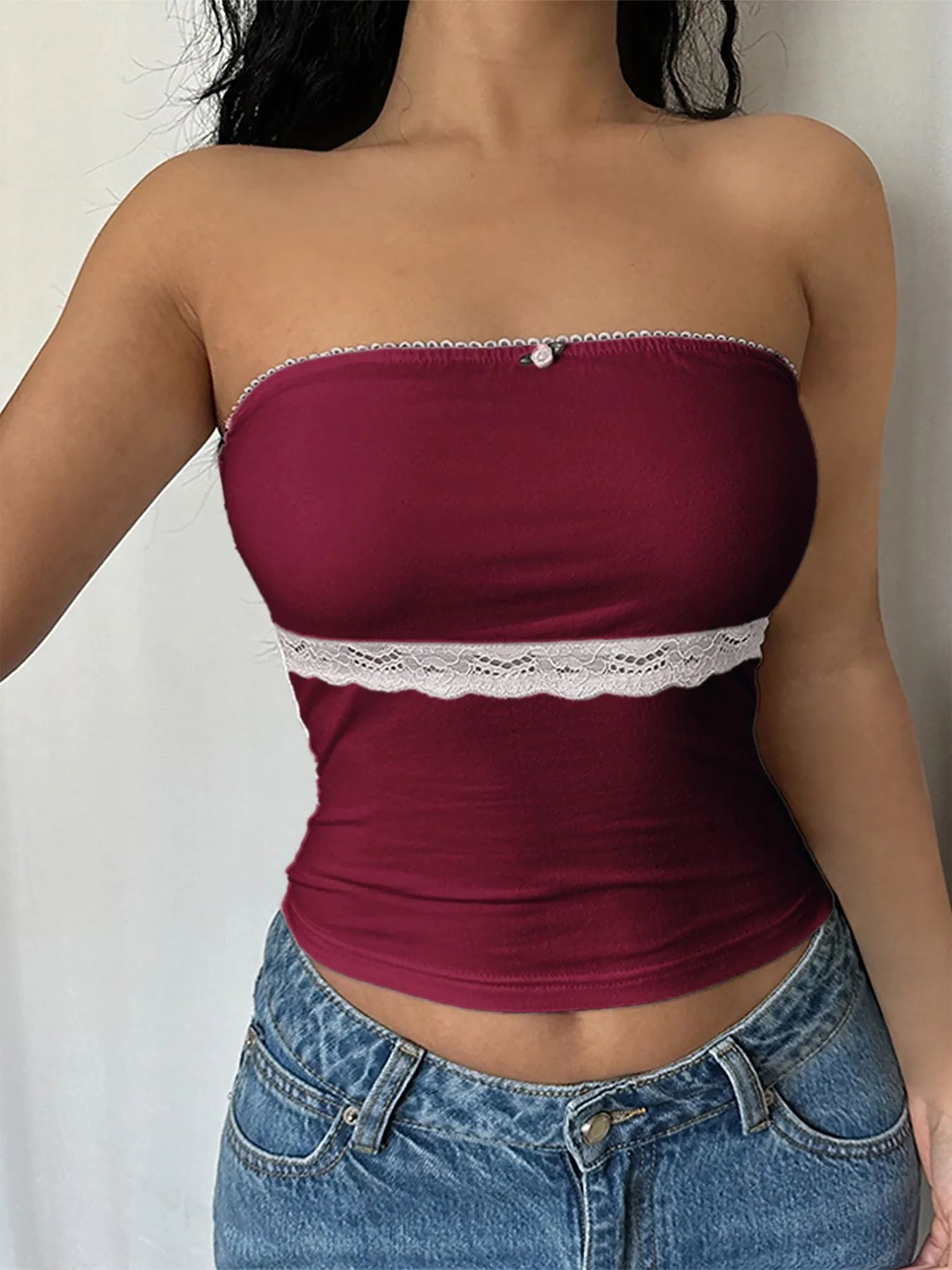 Trendsi Strapless Tube Top in burgundy with lace trim, perfect for stylish summer outfits