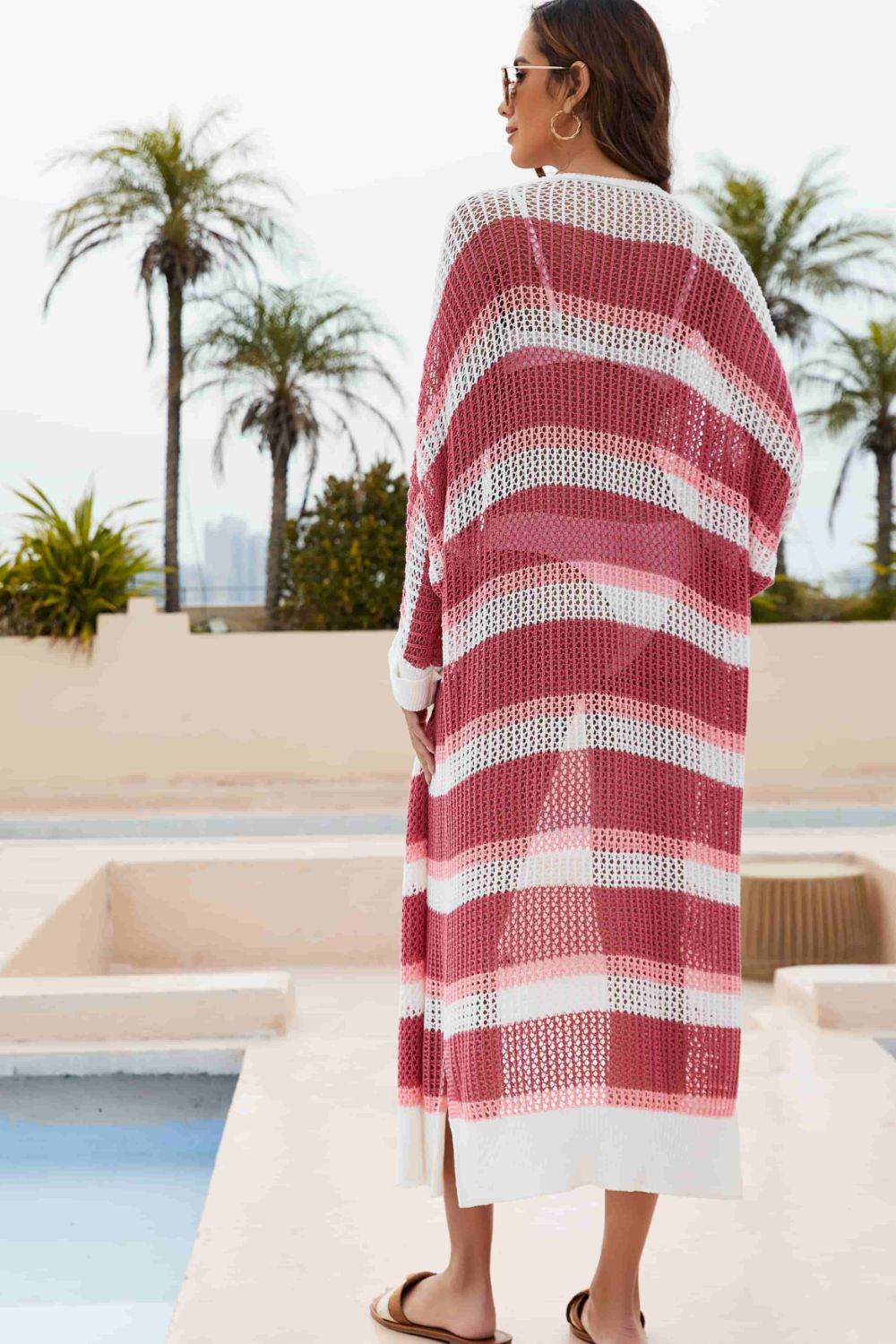 Striped Open Front Side Slit Duster Cover Up - Fashions Envy