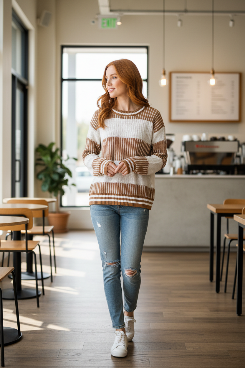 Striped knit long sleeve sweater front view lifestyle image