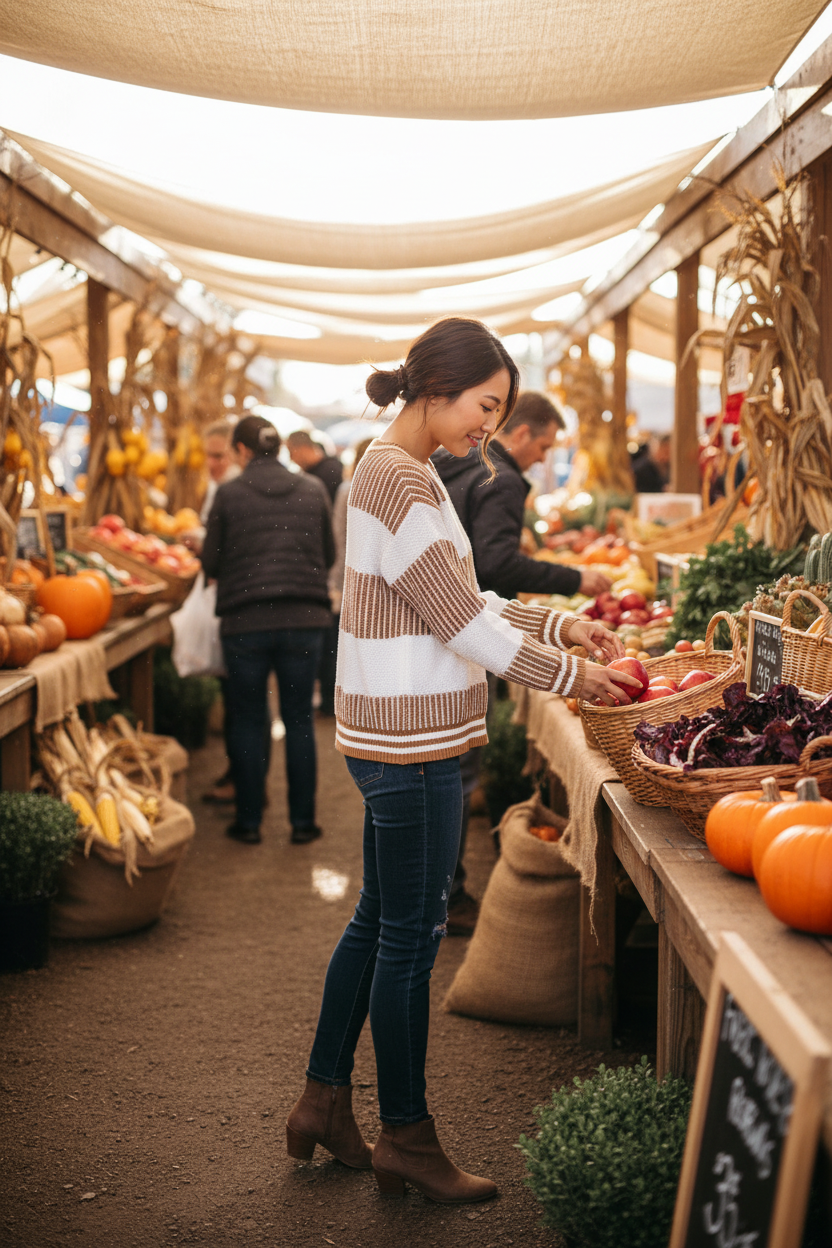 Striped knit long sleeve sweater lifestyle image