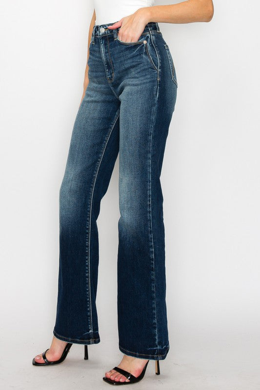 Artemis Vintage High Rise Holly Flare Jeans dark wash vintage flare jeans with fitted waist and full length hem